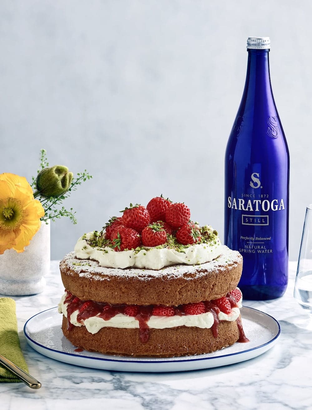 Victoria Sponge with Saratoga still water