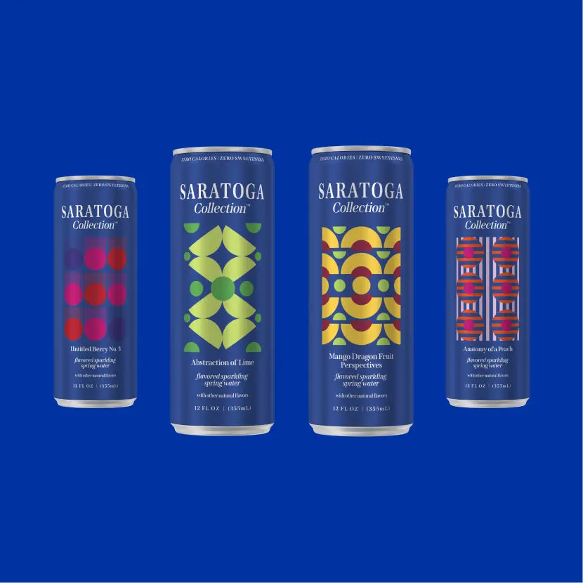 Saratoga Collection flavored sparkling spring water cans flat lay